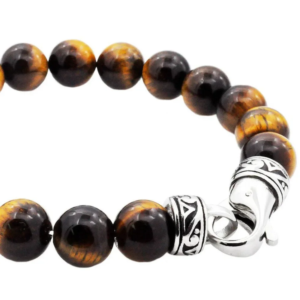 Blackjack Genuine Tiger Eye Stainless Steel Beaded Bracelet